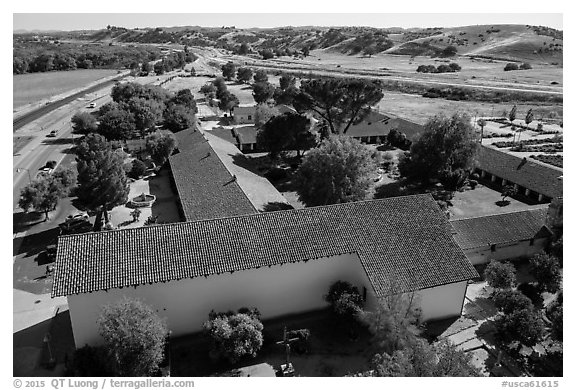 Aerial view of Mission San Miguel. California, USA (black and white)