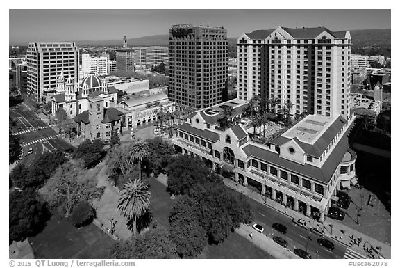 Aerial view of Fairmont Hotel, San Jose Museum of Art, and downtown. San Jose, California, USA (black and white)