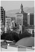 Rooftops of Tech Museum, San Jose Museum of Art, St Joseph Cathedral, and Bank of Italy building. San Jose, California, USA ( black and white)