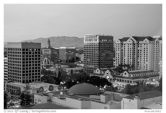 San Jose skyline at dusk with landmark downtown buildings. San Jose, California, USA (black and white)