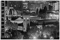 San Jose Museum of Art and St Joseph Cathedral at night from above. San Jose, California, USA ( black and white)