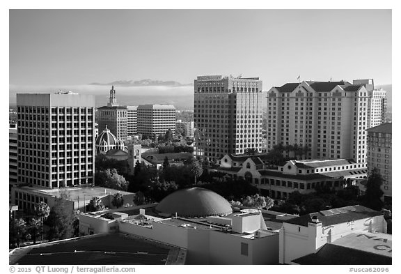 San Jose skyline with early morning fog over hills. San Jose, California, USA (black and white)