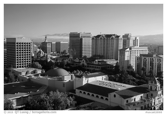 City National Civic, Tech Museum, and city skyline. San Jose, California, USA (black and white)