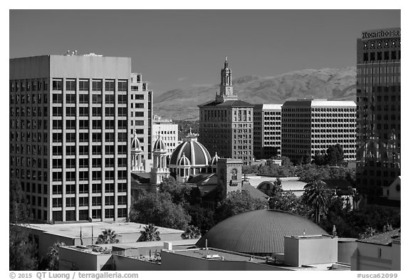 San Jose landmark downtown buildings. San Jose, California, USA (black and white)