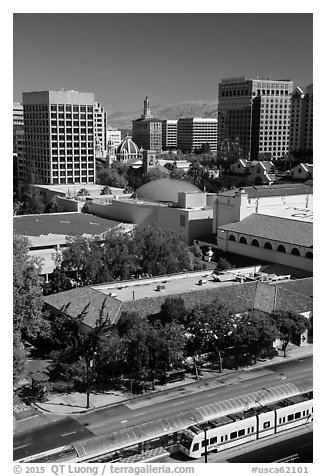 Light rail, Tech Museum and downtown skyline from above. San Jose, California, USA (black and white)