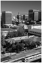Light rail, Tech Museum and downtown skyline from above. San Jose, California, USA ( black and white)