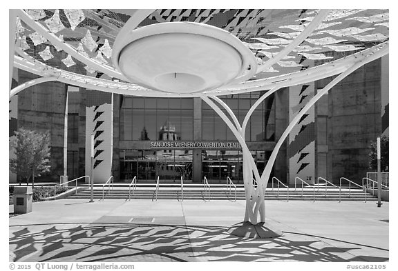 Modern sculpture and San Jose Mc Enery Convention Center. San Jose, California, USA (black and white)