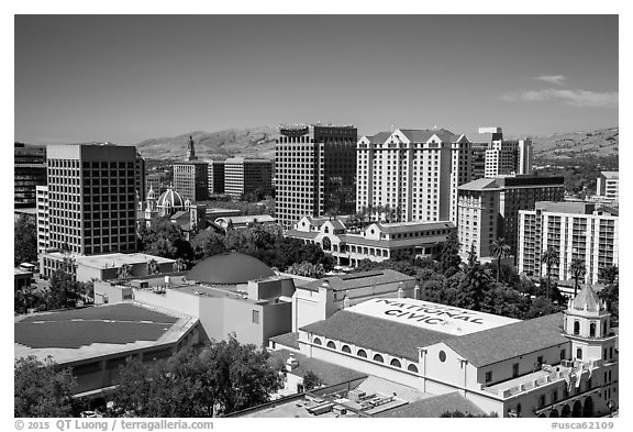 San Jose skyline above Plaza de Cesar Chavez from above. San Jose, California, USA (black and white)
