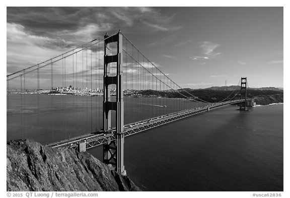 Golden Gate Bridge from Battery Spencer, afternoon. San Francisco, California, USA (black and white)