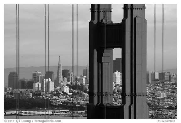 Golden Gate Bridge pillar and San Francisco skyline. San Francisco, California, USA (black and white)