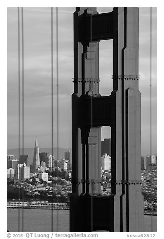 Golden Gate Bridge pillar and city skyline. San Francisco, California, USA (black and white)