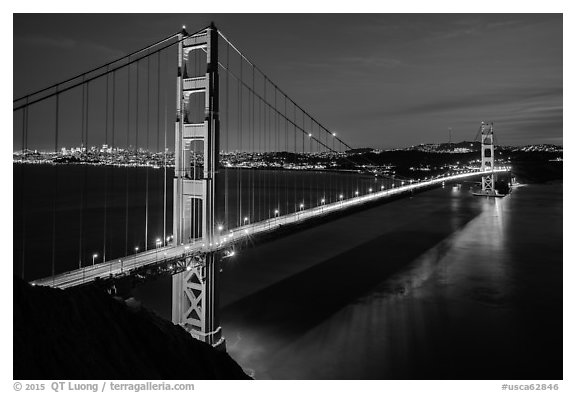 Golden Gate Bridge and San Francisco at night. San Francisco, California, USA (black and white)