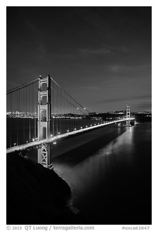 Golden Gate Bridge and city at night. San Francisco, California, USA (black and white)