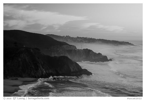 Coastline and Montara, sunset. San Mateo County, California, USA (black and white)