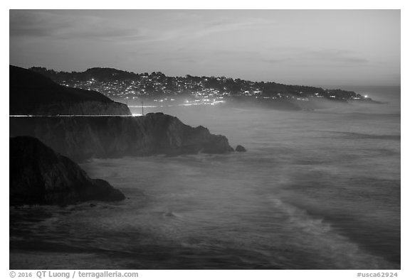 Coastline and Montara, dusk. San Mateo County, California, USA (black and white)