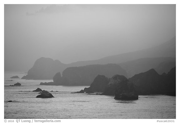 Coastline at sunset, Jenner. Sonoma Coast, California, USA (black and white)