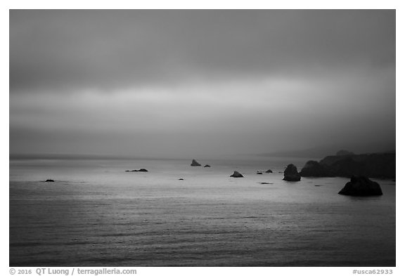 Coastline at sunset north of Jenner. Sonoma Coast, California, USA (black and white)