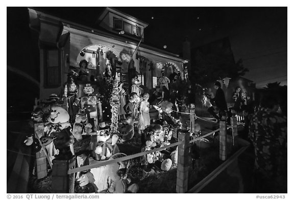House with Halloween decorations. Petaluma, California, USA (black and white)