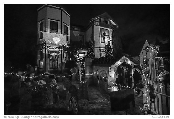 House decorated for Halloween. Petaluma, California, USA (black and white)