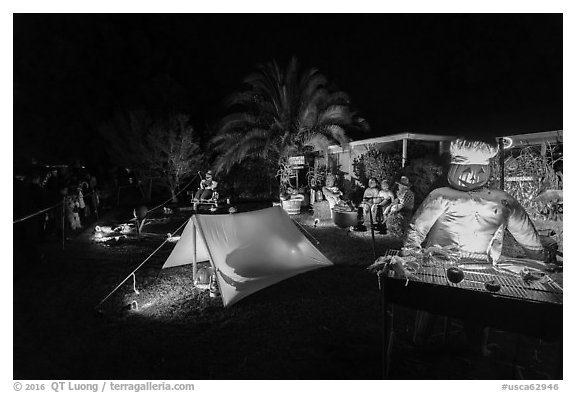 Yard decorated for Halloween. Petaluma, California, USA (black and white)