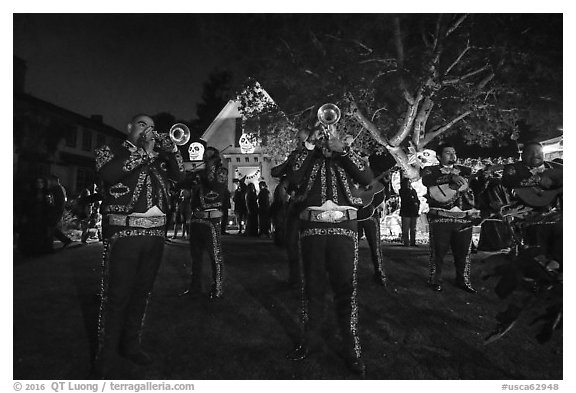 Mariachi musicians, Halloween. Petaluma, California, USA (black and white)
