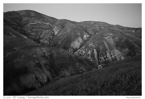 Temblor Range hills in the spring, dusk. Carrizo Plain National Monument, California, USA (black and white)