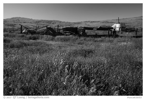 Abandonned agricultural machinery, Traver Ranch. Carrizo Plain National Monument, California, USA (black and white)