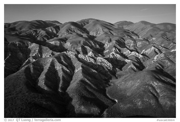 Aerial view of Temblor Range with patches of wildflowers. Carrizo Plain National Monument, California, USA (black and white)