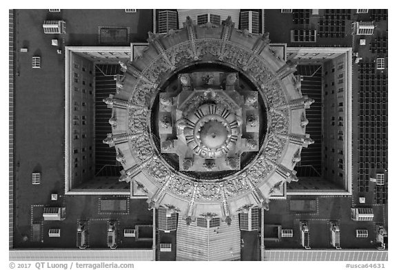 Aerial view of City Hall dome and roof looking down. San Francisco, California, USA (black and white)