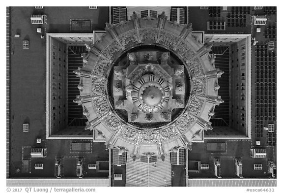 Aerial view of City Hall dome and roof looking down. San Francisco, California, USA (black and white)