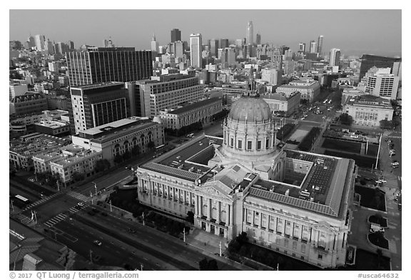Aerial view of Civic Center with skyline. San Francisco, California, USA (black and white)