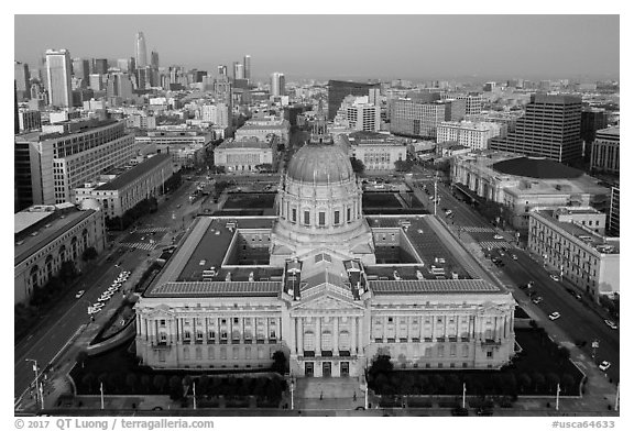 Aerial view of City Hall and Civic Center. San Francisco, California, USA (black and white)