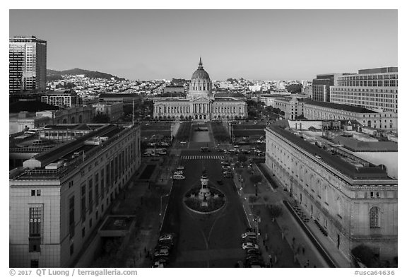 Aerial view of San Francisco Public Library, Asian Museum, and Civic Center. San Francisco, California, USA (black and white)