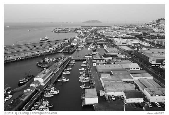 Aerial view of Fishermans Wharf fishering harbor. San Francisco, California, USA (black and white)