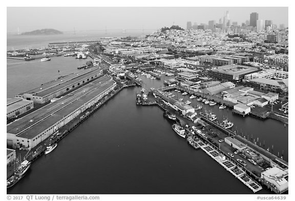Aerial view of Fishermans Wharf and skyline. San Francisco, California, USA (black and white)