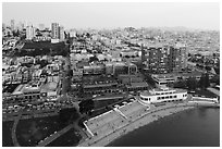 Aerial view of Maritime Museum and Ghirardelli Square. San Francisco, California, USA ( black and white)