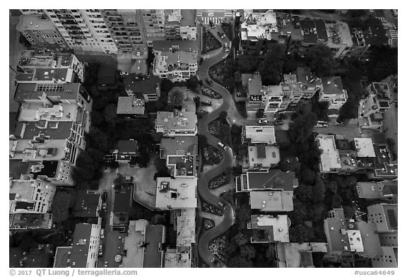 Aerial view of Lombard Street twists looking down. San Francisco, California, USA (black and white)
