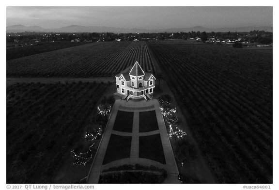 Aerial view of Concannon winery and vineyards at dusk. Livermore, California, USA (black and white)