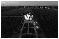 Aerial view of Concannon winery and vineyards at dusk. Livermore, California, USA ( black and white)