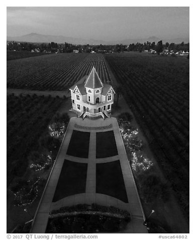 Aerial view of illuminated Concannon winery at dusk. Livermore, California, USA (black and white)