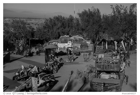 East Jesus art installation from above, Slab City. Nyland, California, USA (black and white)