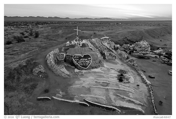 Aerial view of Salvation Mountain at sunrise. Nyland, California, USA (black and white)