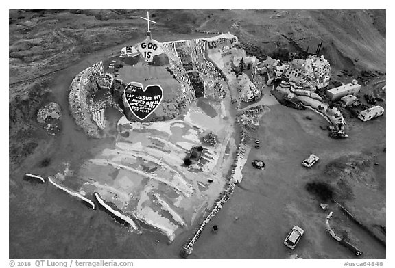 Aerial view of Salvation Mountain at dawn. Nyland, California, USA (black and white)