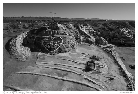Aerial view of Salvation Mountain. Nyland, California, USA (black and white)