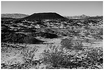 Volcanic terrain with Amboy Crater extinct cinder cone volcano. Mojave Trails National Monument, California, USA ( black and white)