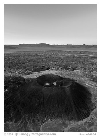 Aerial view of Amboy Crater and Bullion Mountains at dawn. Mojave Trails National Monument, California, USA (black and white)