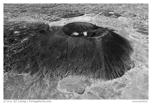 Aerial view of Amboy Crater and lava field. Mojave Trails National Monument, California, USA (black and white)