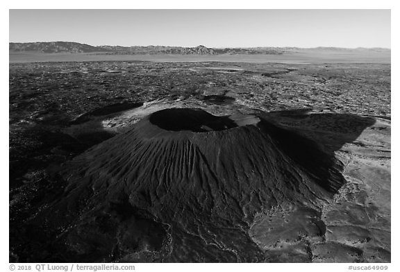 Aerial view of Amboy Crater and Bullion Mountains. Mojave Trails National Monument, California, USA (black and white)