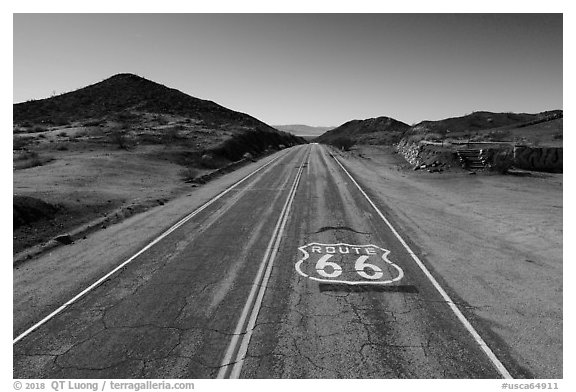 Aerial view of Route 66 with marker. Mojave Trails National Monument, California, USA (black and white)