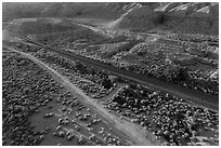 Aerial view of road and railroad tracks, Afton Canyon. Mojave Trails National Monument, California, USA ( black and white)